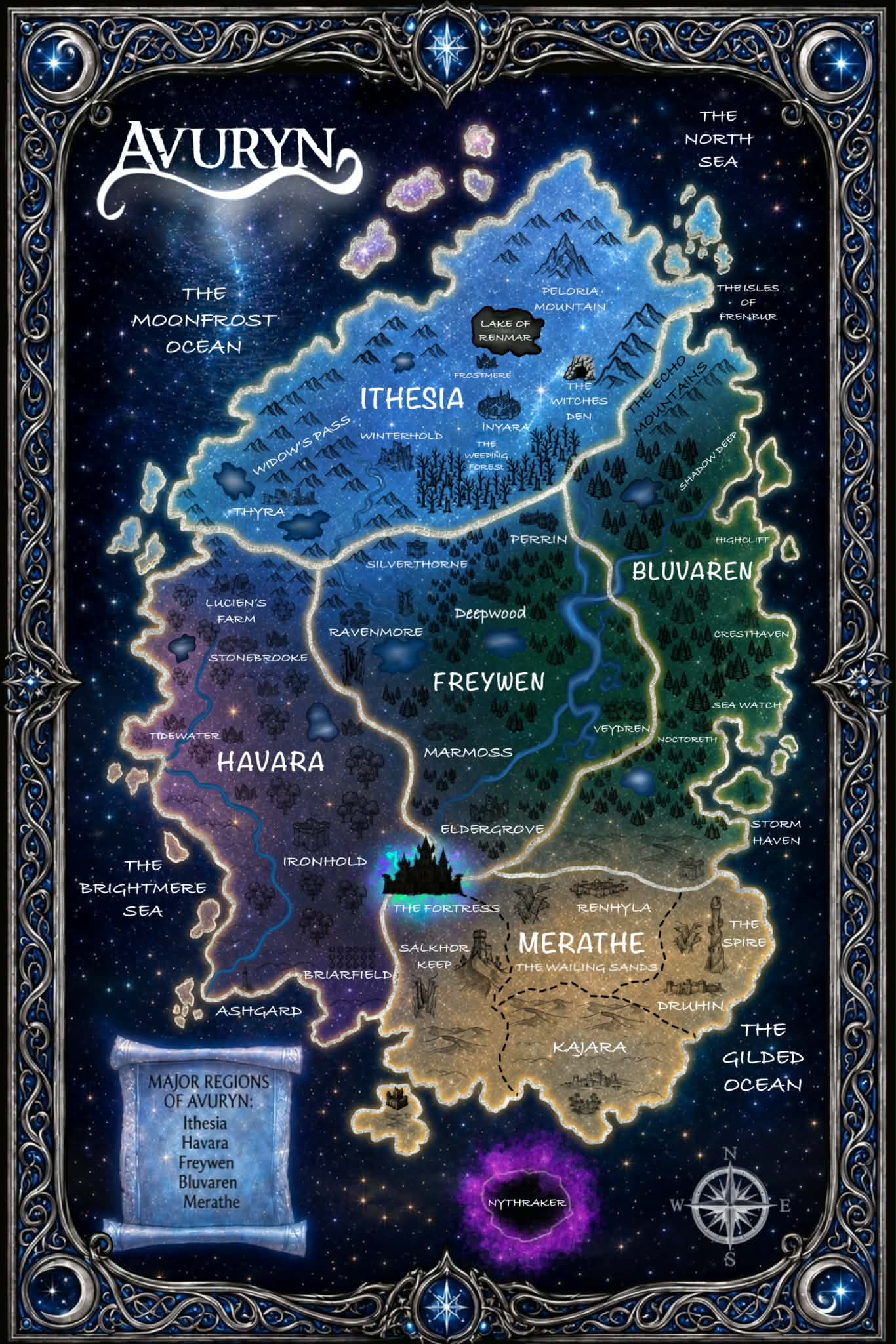 Map of Avuryn, showing the regions of Ithesia, Havara, Freywen, Bluvaren, and Merathe.